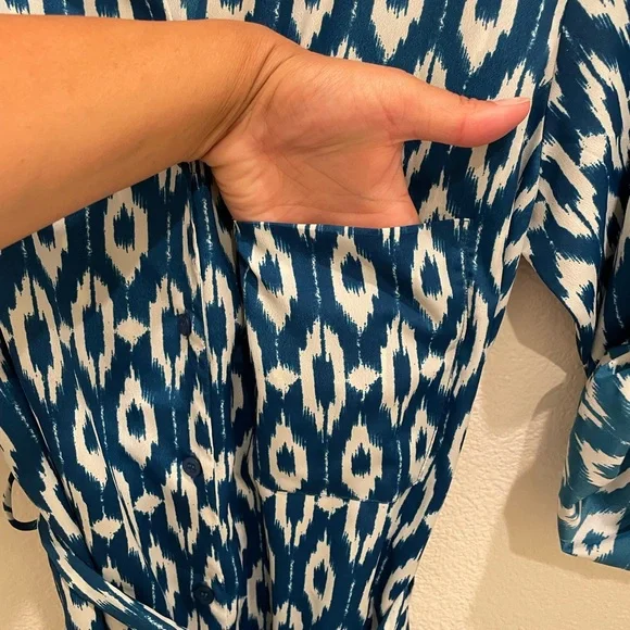 Maeve Anthropologie Ikat Print Shirt Dress Medium Blue White Belted - Picture 8 of 10